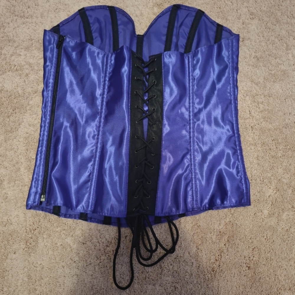 💜Vintage Purple Blue Violet Silk Corset Lace Up Body Shaper Lingerie Tesa Sz 34